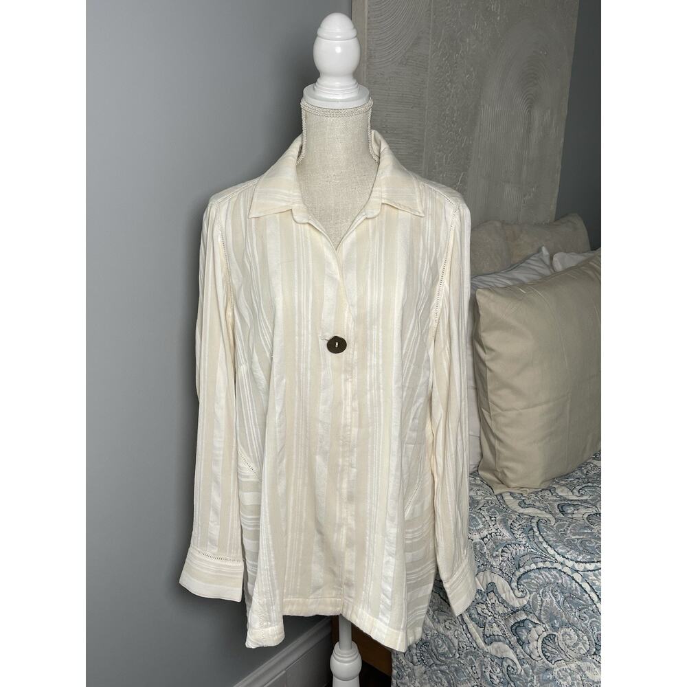 Soft Surroundings Beige Stripe Blouse L Hook Closure Boho Coastal Chic